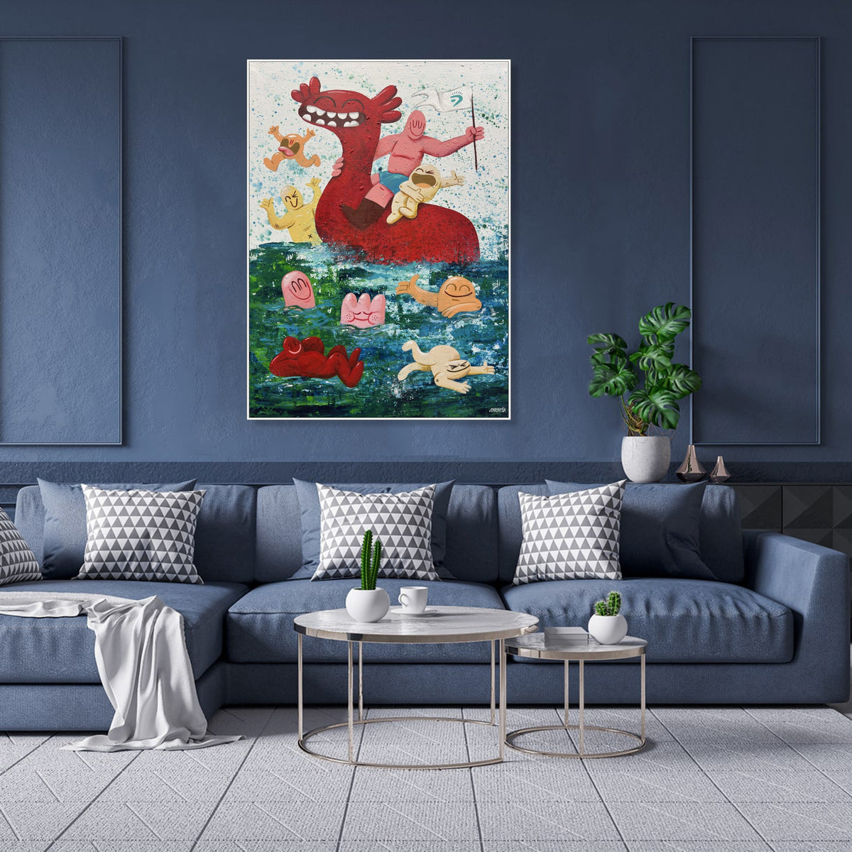 Buntes Gemälde mit Cartoon-Drachen und Meeresfiguren – skurrile