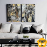 Original Gold Blatt Set mit 2 Ölgemälden Wandbehang Graues Kunstwerk Abstrakt Handgemachte Dekor für Zuhause | ENERGY FLOWS 2P 76x117 cm