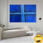 Original Hellblaues Kreuz Acrylgemälde Moderne Abstrakte Öl Wandkunst Bunte Kunstwerke für Dekor | BLUE WINDOW 91x137 cm