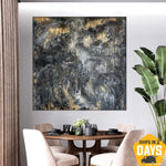 Textur Schwarze Malerei mit goldenem Blatt Einzigartige Wandkunst Moderne Gemälde Wohnzimmer Zeitgenössische Kunst Leinwand Ölgemälde | GLISTENING ABYSS 102x102 cm