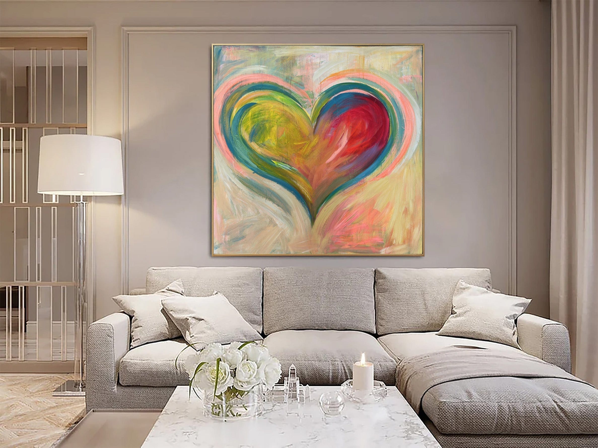 Abstrakte Herz-Gemälde auf Leinwand Bunte romantische Malerei strukturierte handgemalte Kunst | ROMANTIC VALENTINE 102x102 cm