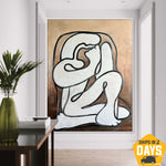Original abstrakte Silhouetten-Gemälde auf Leinwand, figurative beige und weiße Kunst0werke, Acryl-Ölgemälde | NOMAD 102x76 cm