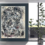 Original Bunte Geschwungene Linien Acrylmalerei Abstraktes Jackson Pollock Stil Kunstwerk Dekor für Zuhause | GRAY CONFUSION
