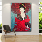 Abstraktes Weibliches Ölporträt Frau In Rot Wandkunst Original Japandi Kunst Schwarzer Fächer Dekor für Zuhause | GEISHA WITH UMBRELLA