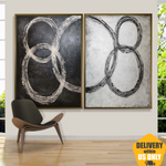 Große abstrakte schwarz-weiße Kreise Gemälde auf Leinwand Original Acryl Ölgemälde, handgemachte minimalistische Kunst für Wohndekoration | RECURRING TUNE 2P 117x173 cm