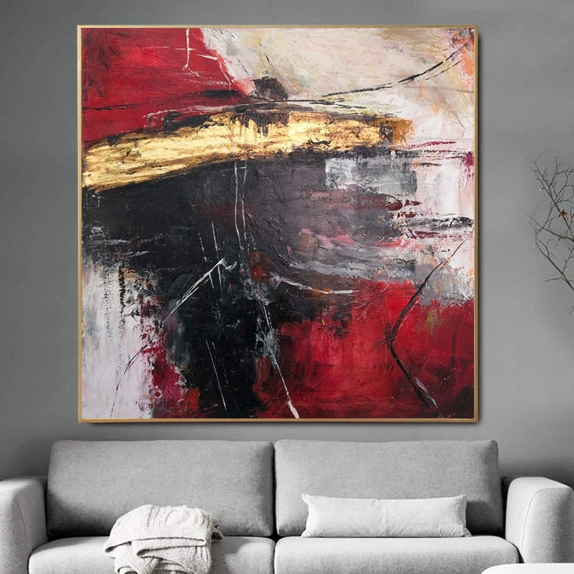 Große abstrakte rote Malerei Leinwand Blattgold Wandkunst Original Öl Kunstwerk moderne handgemalte Kunst zeitgenössische Kunst für Treppenhaus Dekoration | RED LIGHT