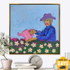 Lebhafte frühlingshafte expressionistische Malerei, Blumengartenkunst, figurative Malerei, Freude an der Natur, Männer mit Gießkanne, Blumenpflege, neoexpressionistische Wanddekoration | GARDENER'S DELIGHT 90x90 cm  - Trend Gallery Art | Original abstrakte Gemälde