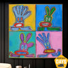 Abstraktes, farbenfrohes Expressionismus-Gemälde auf Leinwand, Acryl-Pop-Art in den Farben Blau, Rot und Gelb, Neo-Expressionismus-Gemälde, Wandkunst mit anthropomorphen Charakteren | WILD RABBITS 117x117 cm  - Trend Gallery Art | Original abstrakte Gemälde