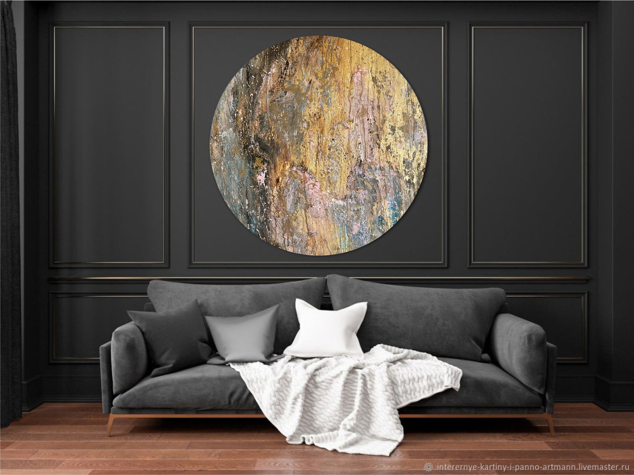 Original Rundes Wandbehang Ölgemälde Gold Kunstwerk Brauch Mass Angefertigt  Abstraktes Dekor für Wohnzimmer | SOFT CLAY