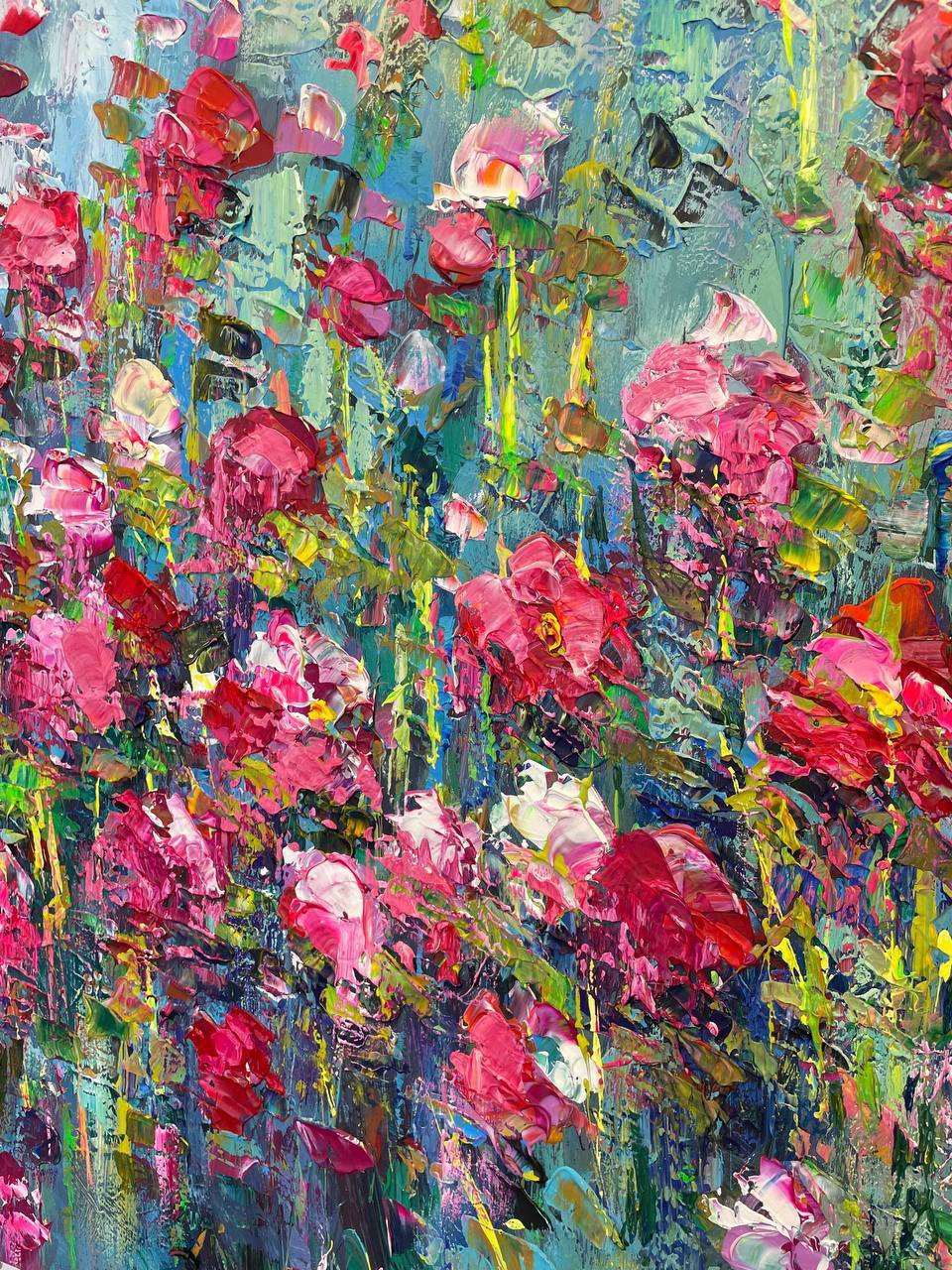 Original-Blumengemälde auf Leinwand, rote Blumen, Gemälde auf Leinwand, Liebes-Wandkunst, übergroße, dicke, bunte Öl-Handkunst| FLORISTIC