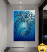 Übergröße abstrakte Kunst Paar Taucher im Ozean Fisch Kunst auf Leinwand bunte blaue Wasser Tiere Malerei handgefertigte Malerei Fine Art | OCEAN BALLET 203x132 cm