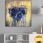 Blaue und goldene Malerei, abstrakte Blumengemälde auf Leinwand, Original moderne Gemälde, Wohnzimmer | FLOWER HEART 117x117 cm