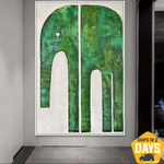 Abstrakte grüne Elefanten-Kunstleinwand, großes Tier-Kunstwerk, Rahmengemälde, zeitgenössische Kunst, Wandgemälde für Wohnzimmer, minimalistische Kunst | JUNGLE DREAMER 91x61 cm