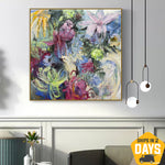 Farbenfrohe Blumen Malerei auf Leinwand Abstrakte Formen Kunstwerk Original Wandkunst für Wohnzimmer | JUNE VIBE 127x127 cm