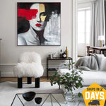 Abstrakt Weibliche Acrylmalerei Rote Lippen Wandkunst Original Schwarz und Weiß Kunstwerk für Zuhause | MODERN WOMAN 127x127 cm