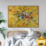 Original Bunte Gemälde auf Leinwand Abstract Gelb Wandkunst Strukturierte Artwork für Wohnzimmer Dekor | YELLOW SPLASH 100x137 cm