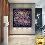 Abstrakte Bunte Linien Wandkunst Jackson Pollock Stil Gebogene Gewinde für Wohnkultur | COLORFUL APPARITION 117x117 cm