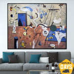 Abstrakte Bunt Formen Surrealismus Gemälde auf Leinwand Joan Miro Stil Original Phantastische Tierwesen Geometrische Figuren Modernes Dekor | SUDDEN VERVE 106.5x136.5 cm