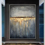 Große abstrakte graue Gemälde auf Leinwand Gold Einfache Kunst Minimalistische Wandkunst für Hotel Dekor | GOLD RAIN