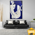 Abstrakte Frau Gemälde auf Leinwand Monochrome Kunstwerke Weiße und Blaue Wandkunst Dekor für Zuhause | DESOLATION 90x60 cm