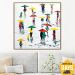 Original Menschen mit Regenschirmen Gemälde auf Leinwand Abstract Buntes Ölgemälde für Wohnzimmer | UMBRELLAS 127x127 cm