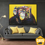 Original Affe Mit Boombox Gemälde auf Leinwand Tier Handgemaltes Kunstwerk Abstrakter Affe | MONKEY ON STYLE 76x102 cm
