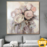 Original-Blumen-Gemälde auf Leinwand, neutrale Palettenmesser-Kunst, Rosen-Blumenstrauß, schwere strukturierte Kunst | ROSES BOUQUET 70x70 cm
