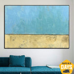 Extra große Leinwandkunst Blaue Wandkunst Gelbe Gemälde auf Leinwand Abstraktes Ölgemälde | FREEDOM 60x90 cm