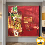 Übergroße moderne rote abstrakte Gemälde auf Leinwand, gerahmte Wandkunst, einzigartiges Gemälde | LOVE PATH 183x183 cm