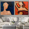 Original Set von 2 figurativen Gemälden auf Leinwand in roten und blauen Farben abstrakte minimalistische Kunst Frauen Wandkunst | WOMEN'S EVENING - Trend Gallery Art | Original abstrakte Gemälde