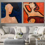 Original Set von 2 figurativen Gemälden auf Leinwand in roten und blauen Farben abstrakte minimalistische Kunst Frauen Wandkunst | WOMEN'S EVENING