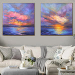 Set mit zwei Original-Gemälden, blaues Kunstwerk, lila Malerei, große rosa Ozean, moderne Kunst, Landschaftsmalerei, Leinwandmalerei | PURPLE HORIZON