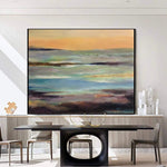 Große abstrakte Landschaftsmalerei: Ozean Wandkunst in Blau, Braun und Orange Farben als minimalistisches Kunstwerk für Wohnzimmer Wanddeko | STRAY BEACH