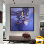 Große abstrakte lila Gemälde auf Leinwand, original handgemachte zeitgenössische Kunst, moderne strukturierte Acrylmalerei für die Inneneinrichtung | PURPLE NIGHT 117x117 cm