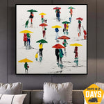Original bunte abstrakte Menschen mit Regenschirmen Gemälde auf Leinwand strukturierte Ölgemälde handgefertigte Kunstwerke | UMBRELLAS 102x102 cm