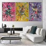 Buntes 3er-Set Original Violette Kunstwerke Rosa und Gelb Gemälde auf Leinwand für Zimmer Dekor | TRIPLE SPLASH