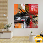 Abstrakte Stadtgemälde auf Leinwand, farbenfrohes Ölgemälde in den Farben Orange, Rot und Schwarz, modernes Gemäldedekor für das Büro | CITY ILLUSION 81x81 cm