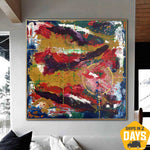 Große abstrakte bunte Gemälde auf Leinwand Expressionistische Kunst Original-Gemälde für Wohnzimmer | REPRESENTATION 127x127 cm