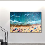 Abstrakte Küstenölgemälde auf Leinwand, Original-Sonnenstrandgemälde in Blau- und Beigefarben für die Wanddekoration zu Hause und im Büro | BEACH SEASON