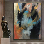 Abstrakte Wandkunst Originalvorlage auf Leinwand: Bunte strukturierte Gemälde in den Farben Schwarz, Blau und Rot Wanddekoration | DARK SILHOUETTE