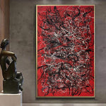 Jackson Pollock Stil Gemälde auf roter Leinwand Kunst Original abstrakte Kunst Ölgemälde moderne Wandkunst | SCARLET DREAMS