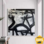 Abstrakte Schwarz-Weiß-Gemälde auf Leinwand, minimalistisches Gemälde im Franz-Kline-Stil, moderne monochrome Kunst für Wohnzimmer-Wanddekoration | MONOCHROME VISUALIZATION 81x81 cm