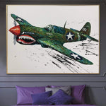 Abstrakte Flugzeug Gemälde auf Leinwand Kinderzimmer Dekor pastosen Öl Luftfahrt Malerei für Kinderzimmer Curtiss P-40 Warhawk Wandkunst | CARTOON PLANE