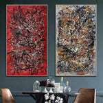 Jackson Pollock Stil Gemälde 2er Set Abstrakte Bunte Wandkunst Moderne Kunst Original Textur Gemälde Set | SCARLET BLOSSOM