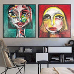 Abstraktes Gesicht Gemälde Großes Set von 2 Kunstwerken Kubismus Wandkunst Figurative Kunst Abstraktes Weibliches Gesicht Gemälde Pop Art Gemälde | FEMALE SMILE