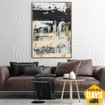 Große Original abstrakte beige Gemälde auf Leinwand moderne minimalistische Kunst strukturierte Schwarz-Weiß-Mixed-Media-Ölgemälde-Dekor | ASSOCIATION 111 100x65 cm