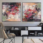 Großes abstraktes Set mit 2 Gemälden in den Farben Rosa, Rot, Grün und Beige Moderne Leinwand Fine Art Handmade Artwork | AFTER THE RAIN