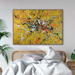 Abstrakte gelbe Spritzer-Gemälde auf Leinwand, originales buntes Öl-Kunstwerk, moderne handgemachte Malerei, kreative Kunstwerke für die Inneneinrichtung | YELLOW SPLASH