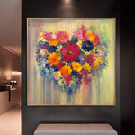 Blumen Herz Gemälde auf Leinwand Liebe Wandkunst Übergroße Dicke Bunte Öl Handkunst | BOUQUET OF LOVE