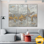 Extra große weiße Gemälde auf Leinwand, Triptychon-Gemälde, moderne Blattgoldkunst, original strukturiertes Gemälde | GOLDEN FOG 3P 203x244 cm